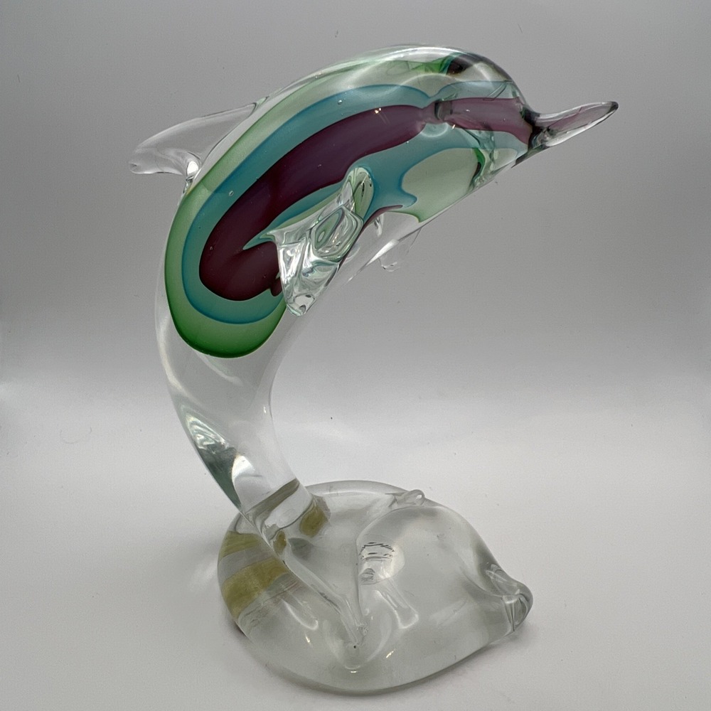 Hand Blown Art Glass Dolphin Wave W2 Trading Co Multicolor 7" Murano Style